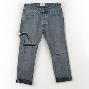 Officine Generale Jeans Mens 30 Gray Washed Distressed Straight Cuffed Leg